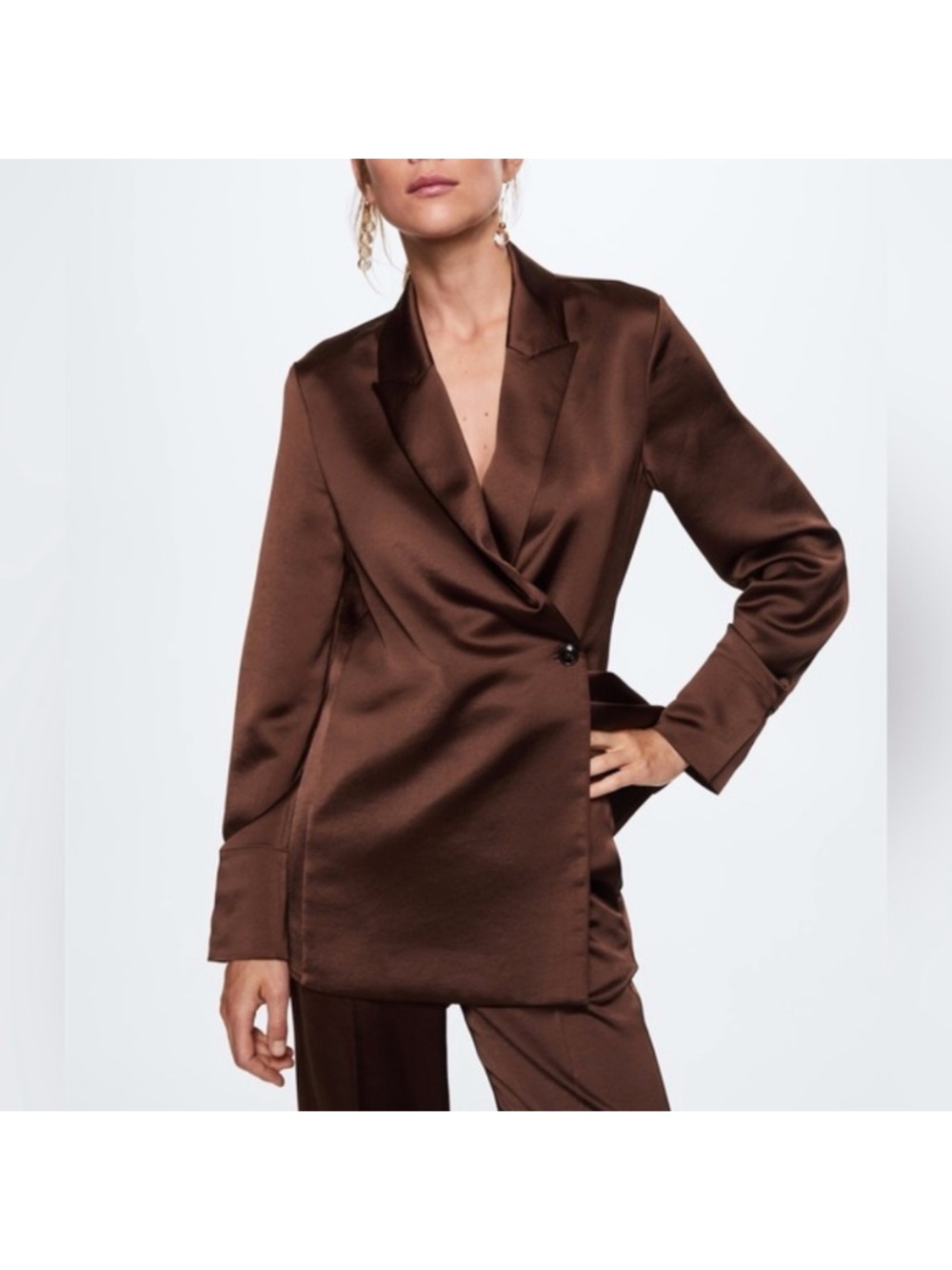 Mango MNG Satin Double Breasted Blazer Chocolate Brown Small NWOT